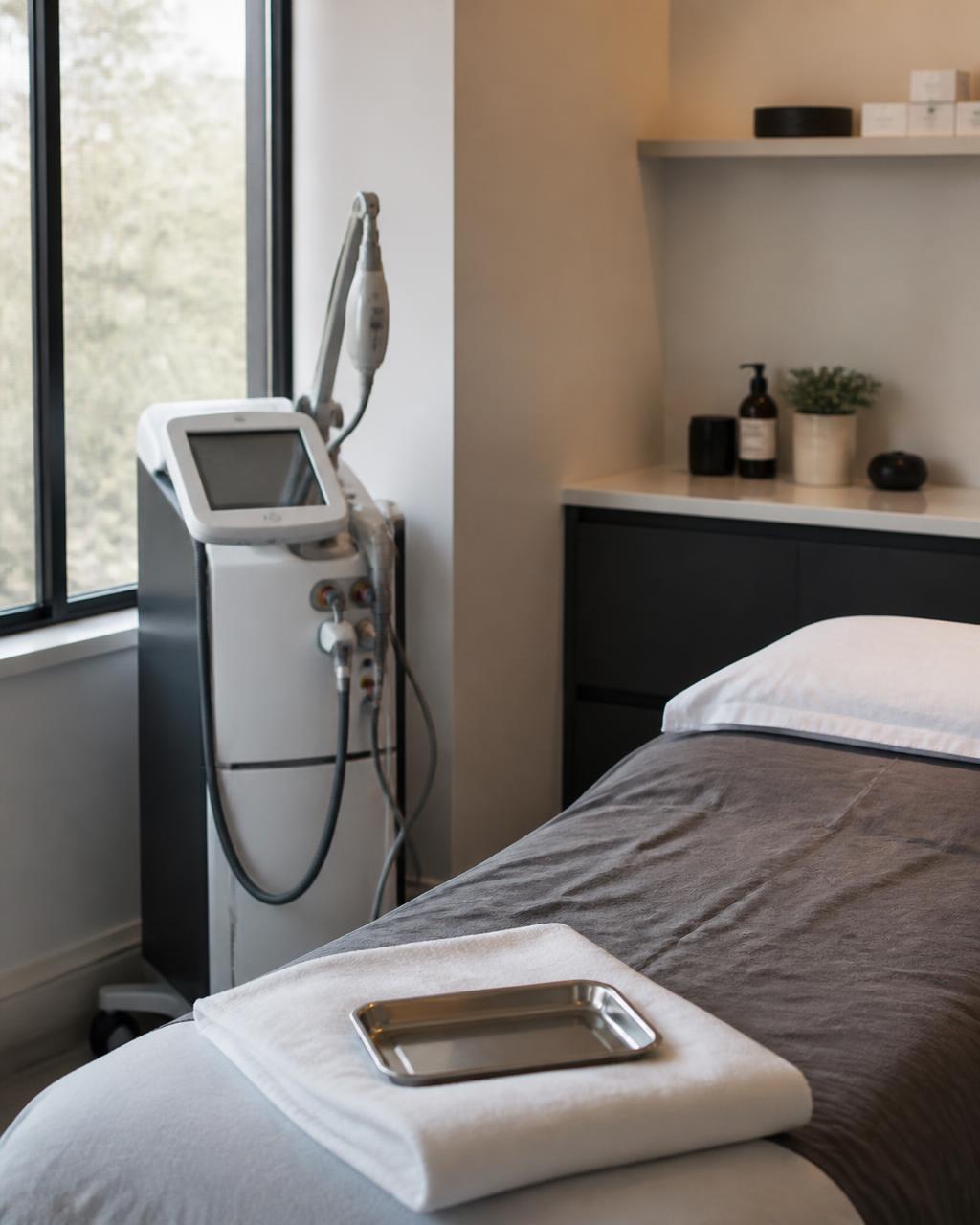 Medical-grade skin treatment device in a naturally lit clinic room