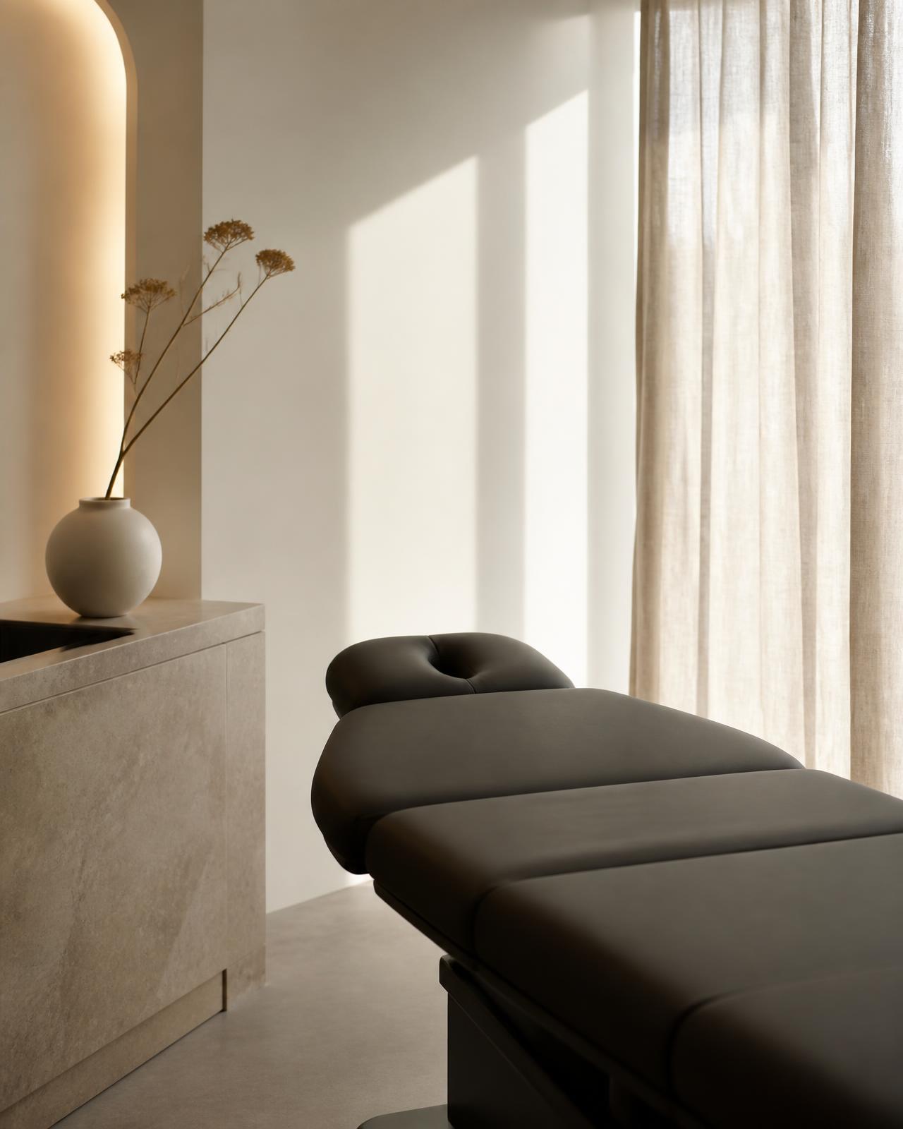 Minimal aesthetic clinic interior in warm neutral tones