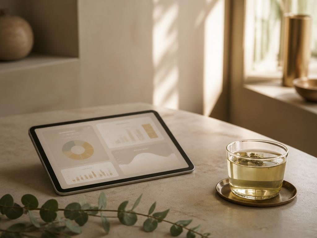A tablet glowing with abstract dashboard shapes beside herbal tea