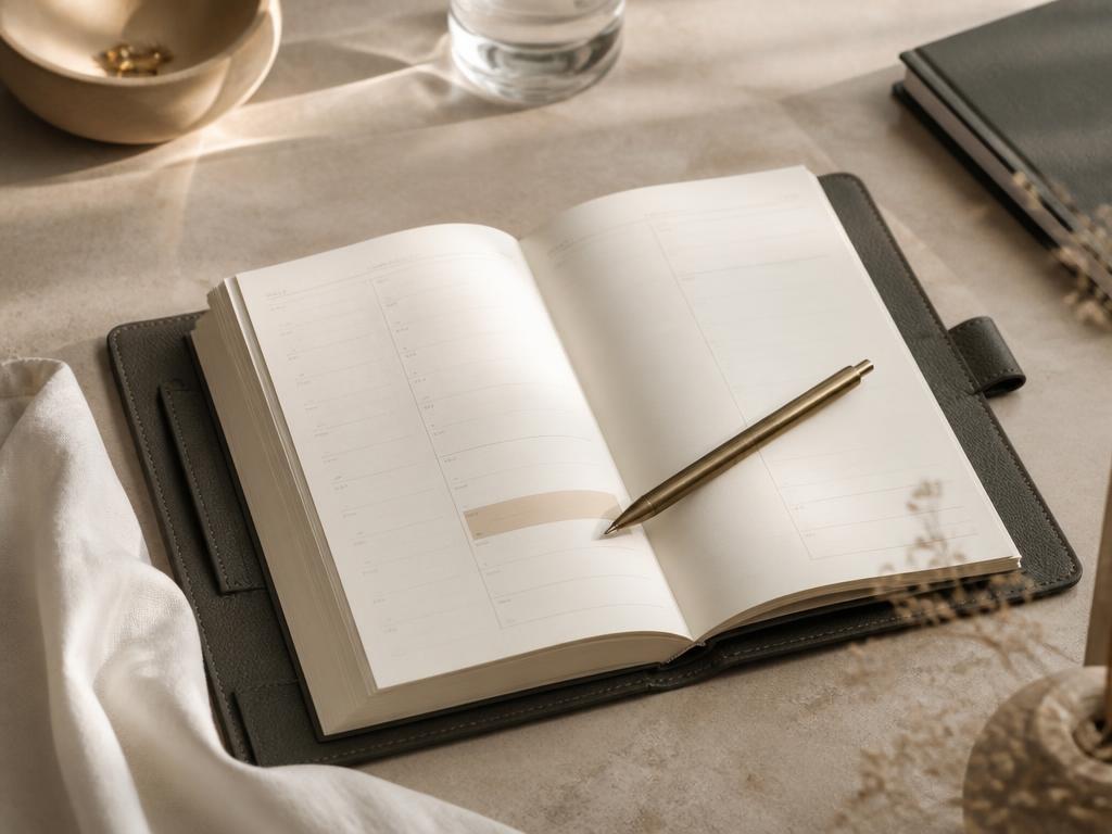 An open leather appointment diary with a bronze pen on a warm stone desk