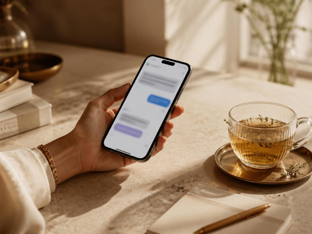A smartphone showing a calm conversation interface on a warm stone desk