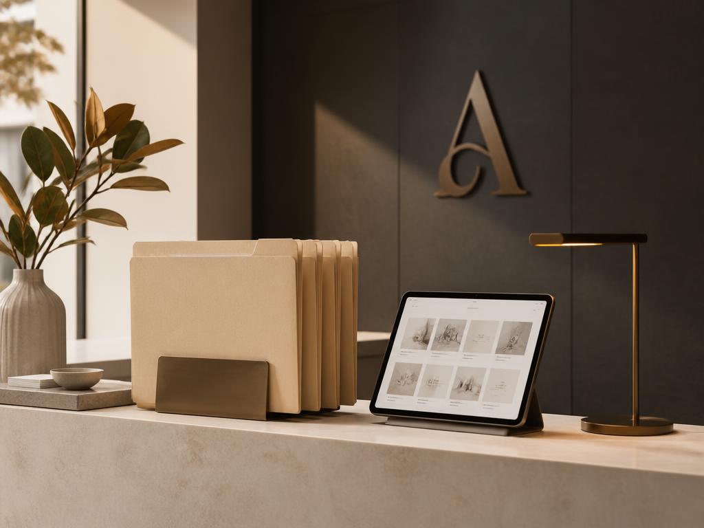 Organised enquiry folders and tablet on a warm clinic reception desk