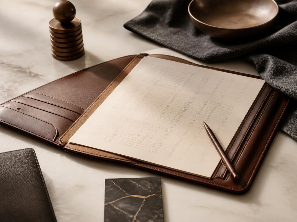 A leather portfolio open with columns of figures and a bronze pen