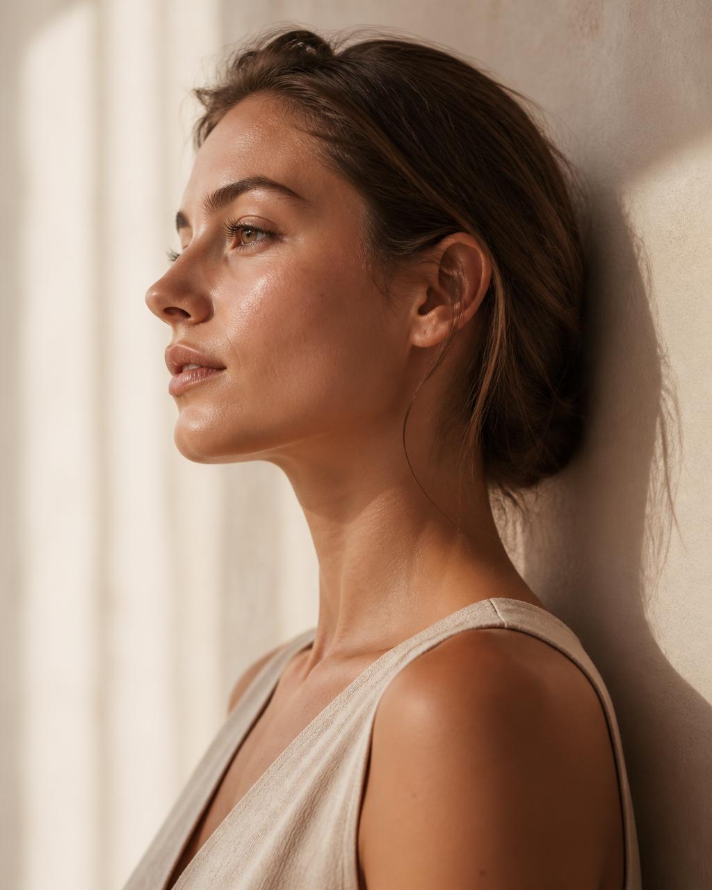 Editorial portrait of a woman with luminous skin in warm natural light