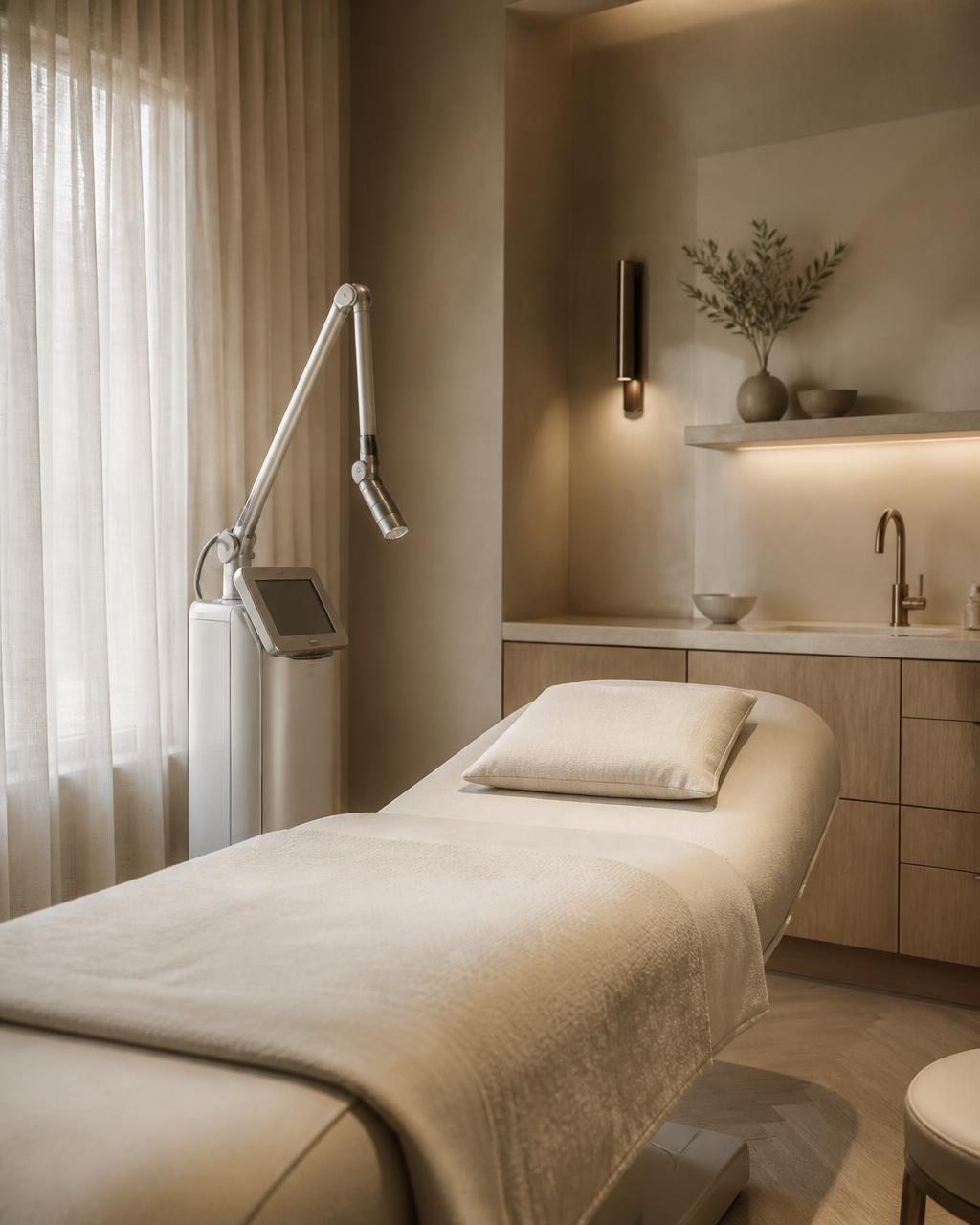 Calm treatment room prepared with fresh linen beside a skin rejuvenation device