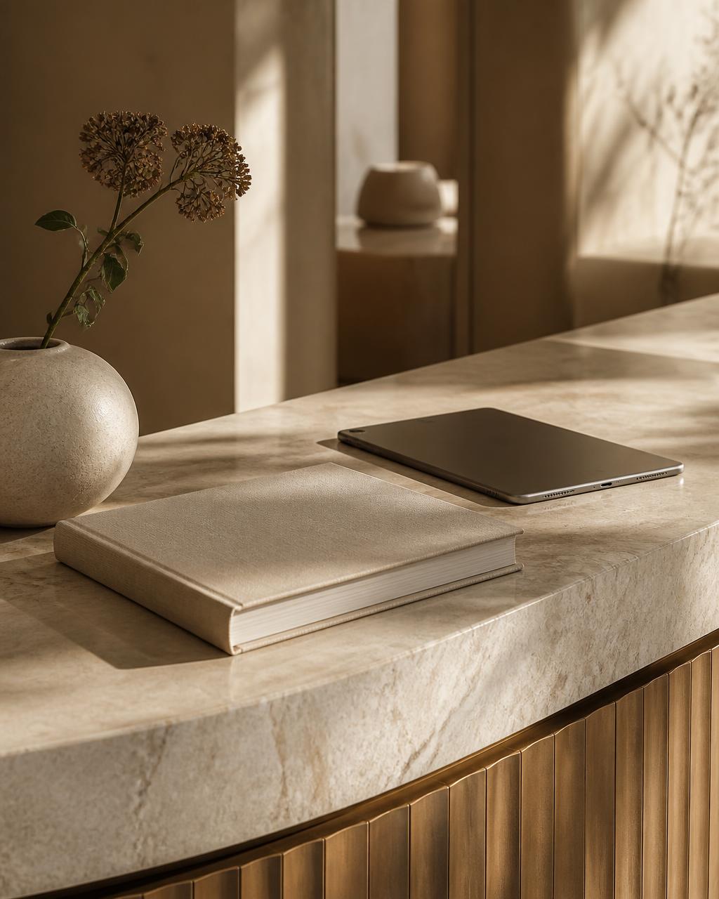 Clinic reception desk with an appointment book and tablet in warm morning light