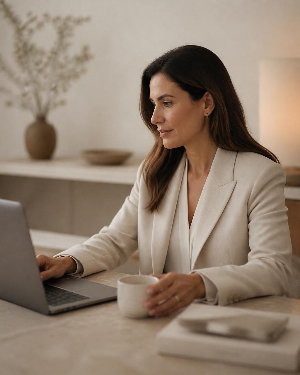Clinic owner reviewing performance figures on a laptop at a warm stone desk