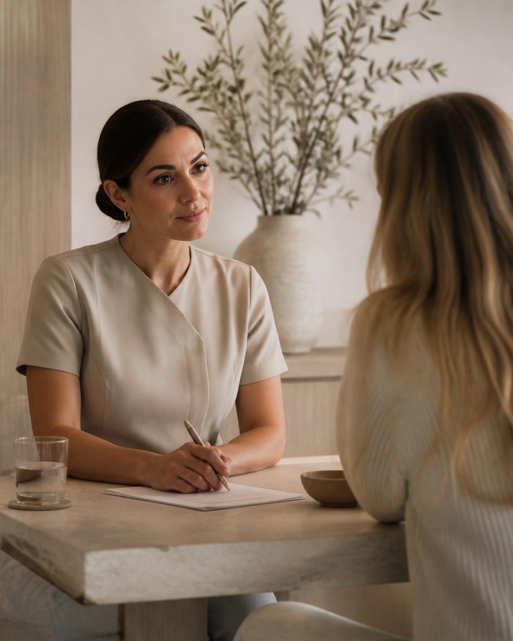 Clinician in conversation with a client across a stone consultation table