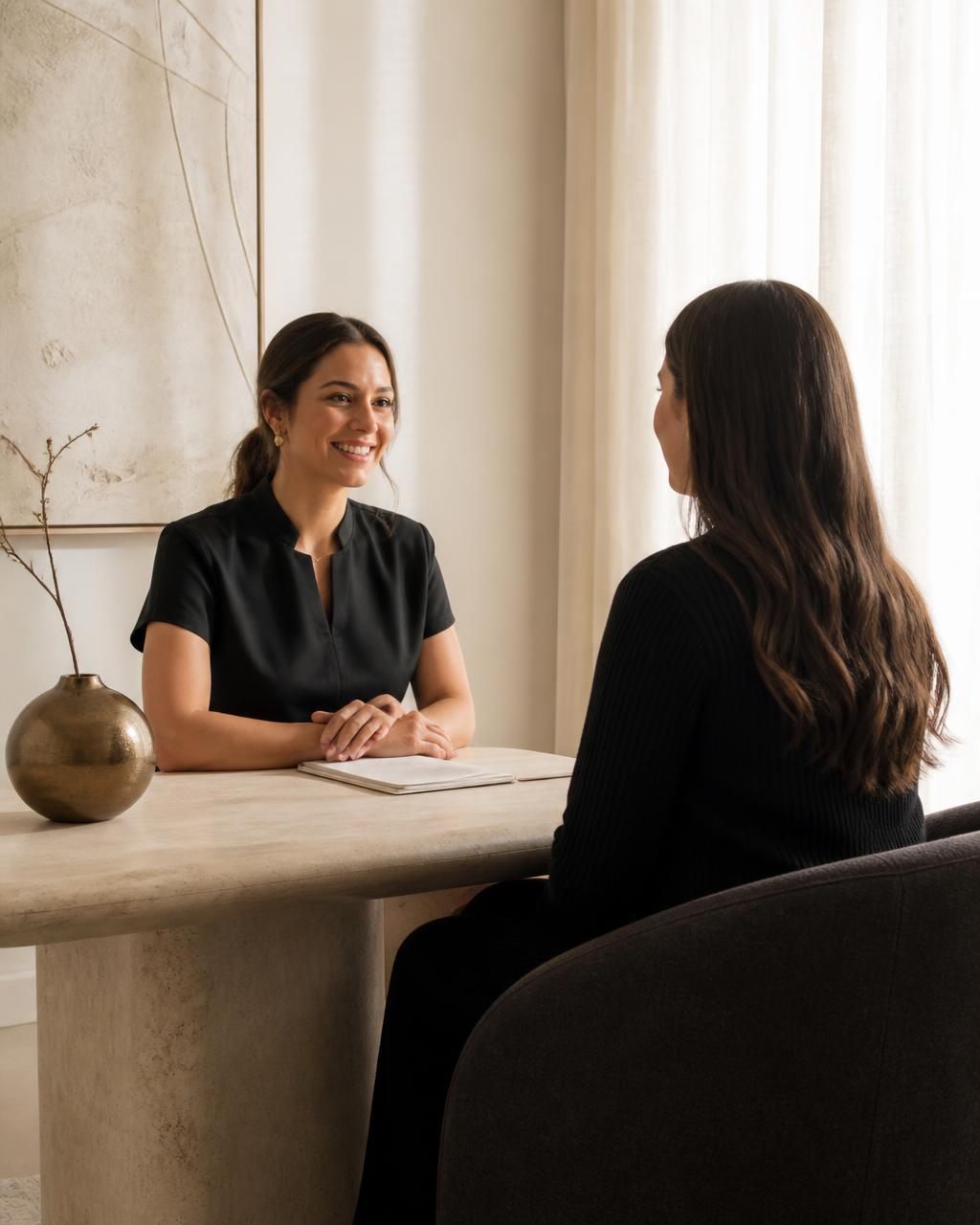 Clinician in warm conversation with a client across a stone table