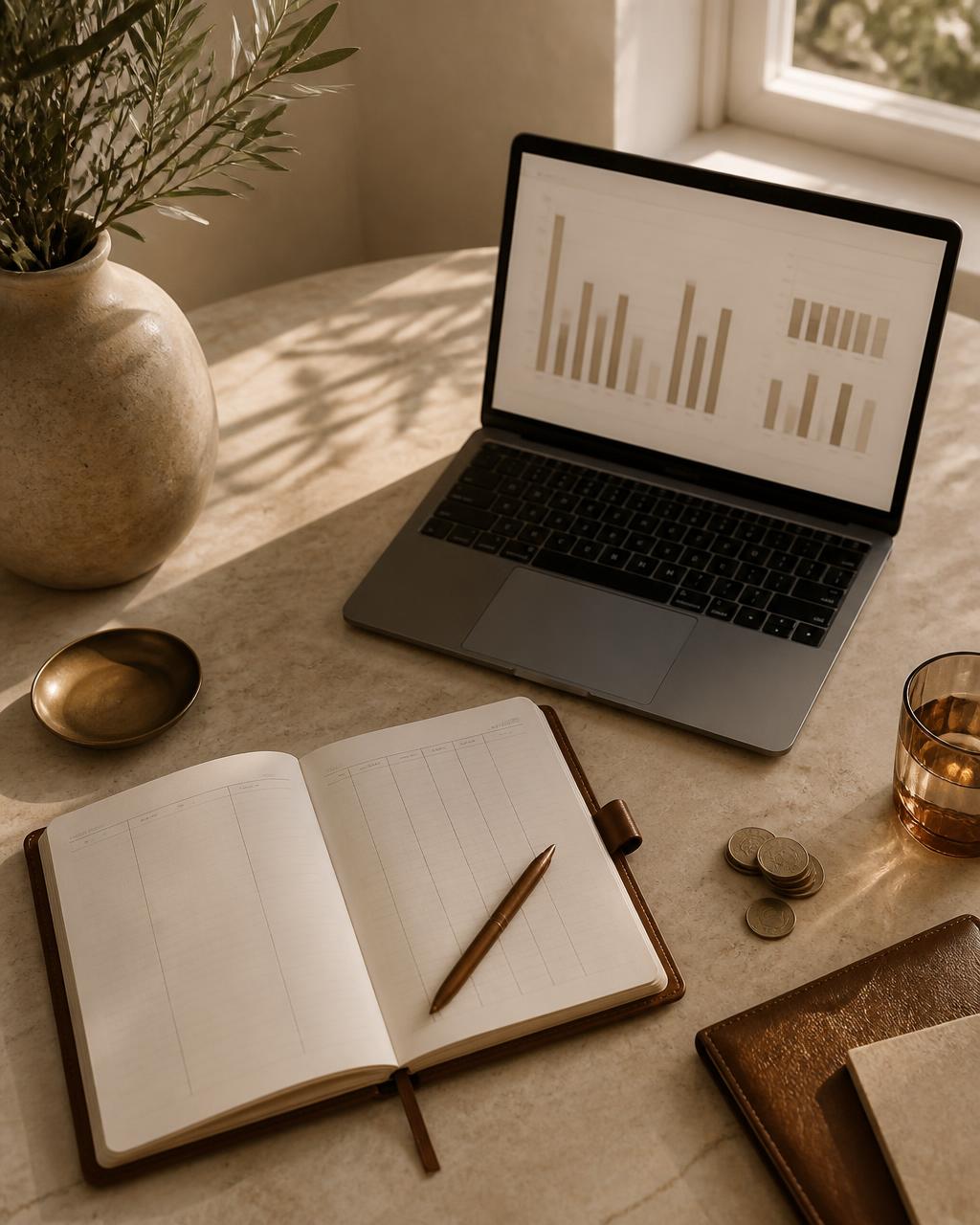 A warm desk with a laptop, notebook and bronze pen showing abstract figures