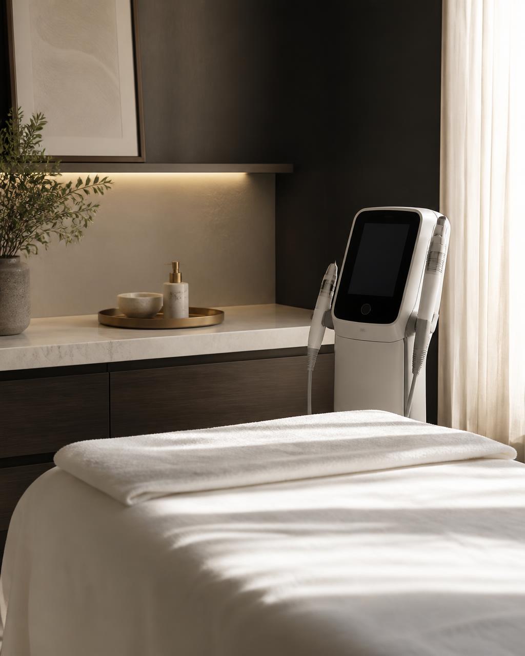 A calm treatment room prepared with fresh linen and a skin rejuvenation device
